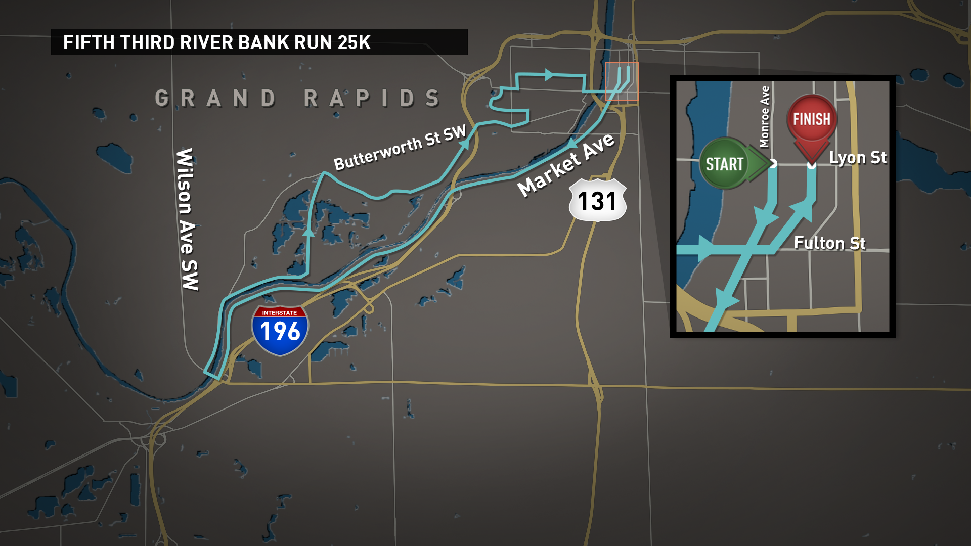 5K, 10K and 25K Fifth Third River Bank Run routes; spectator locations